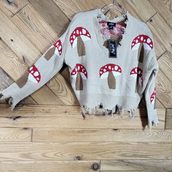 Just Polly Mushroom Pattern Distressed Beige Knit Sweater Size S Oversized NEW - Picture 7 of 7